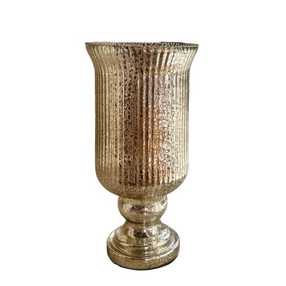 Valerie Parr Crackled Gold Ribbed Glass Footed Hurricane Candle Holder - Picture 2 of 10